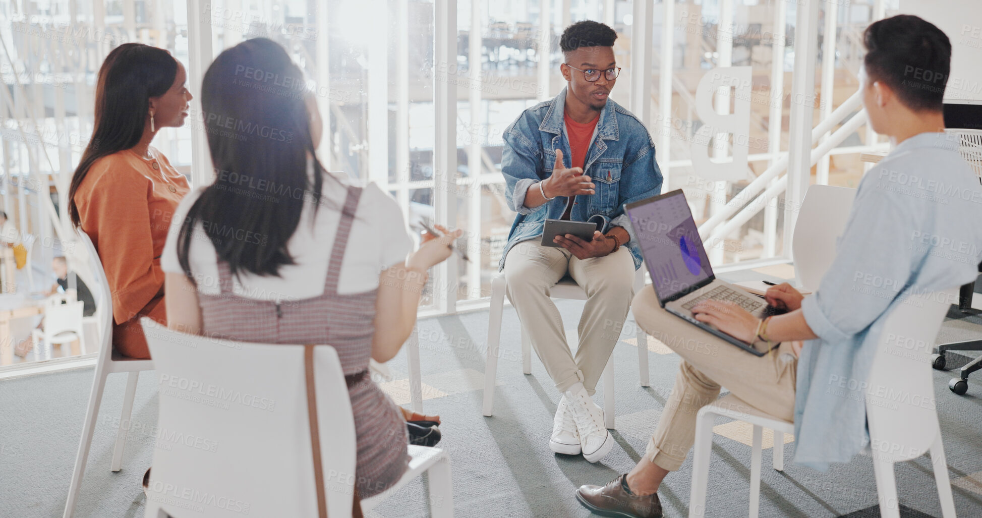 Buy stock photo Business people, meeting or brainstorming with conversation, planning and cooperation in a workplace. Diversity, staff and group with discussion, creativity and teamwork for ideas and inspiration