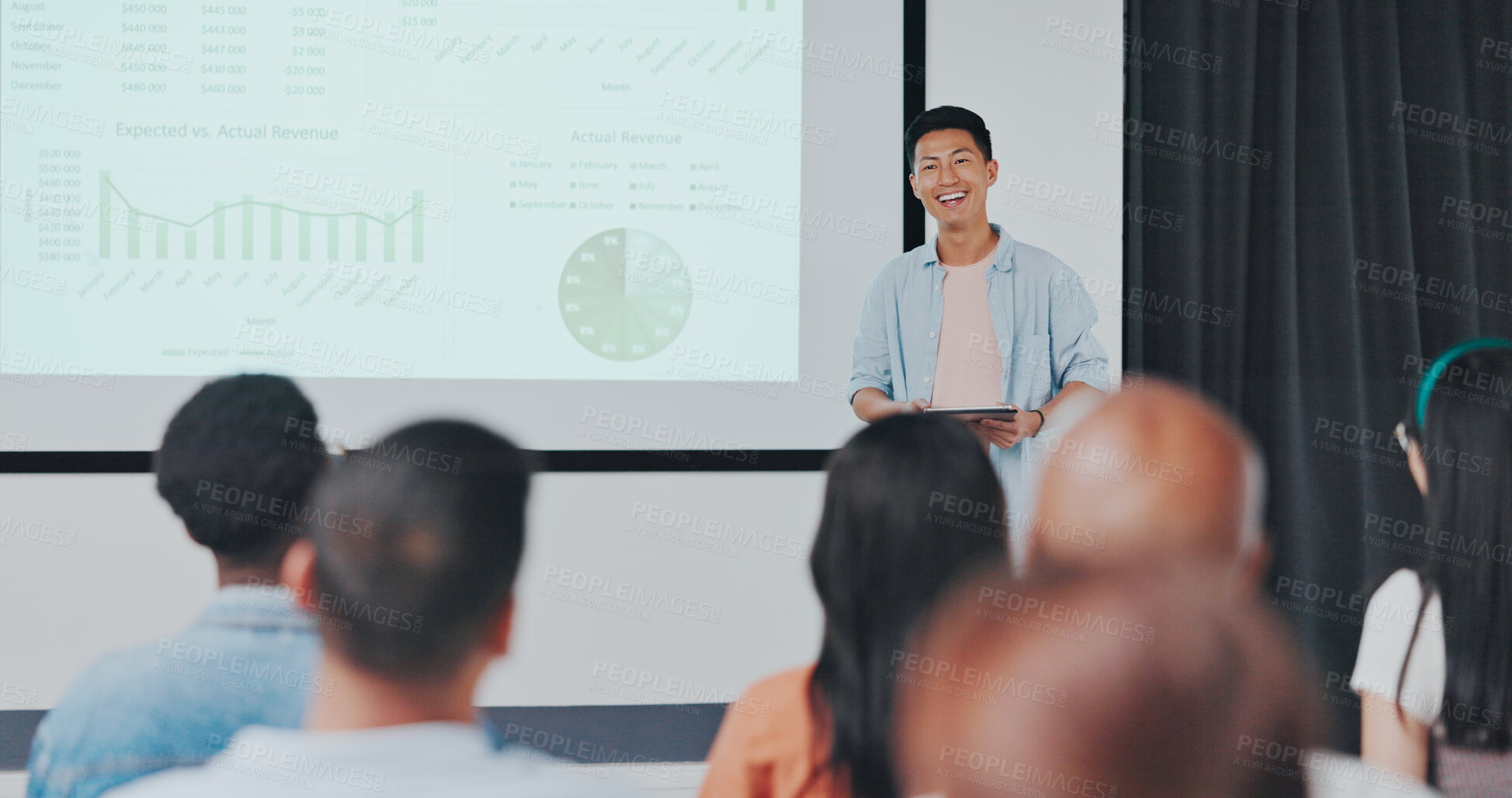 Buy stock photo Speaker presentation, screen data and happy man speech, feedback chart and explain training workshop, project or report. Projector, conference meeting and group listening, attention and lecture event