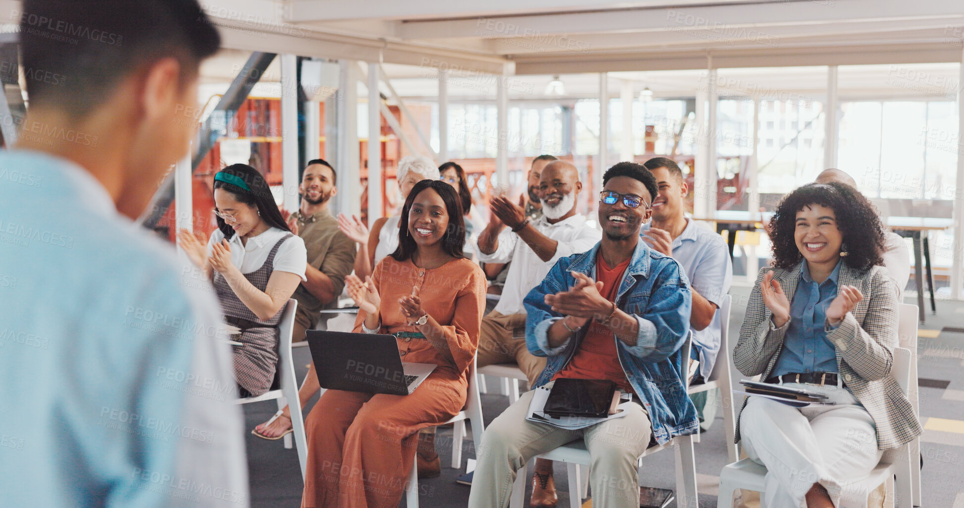 Buy stock photo Presentation, applause and business people in an office seminar, conference or corporate workshop. Diversity, speaker and professional employees clapping hands at a team training meeting or tradeshow