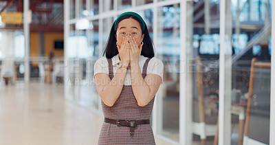 Wow, surprise and excited with a business asian woman looking shocked by putting her hands on her face in expression. Portrait, emoji or motivation with a female employee feeling shock frim good news