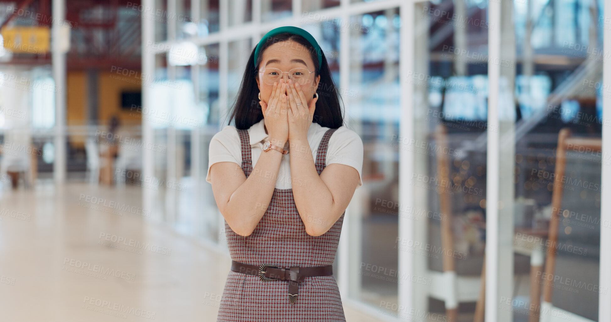 Buy stock photo Portrait, surprise and excited Asian woman in startup shocked by job promotion or winning a bonus. Wow, winner or happy designer with hands on mouth for good news, secret or announcement in office