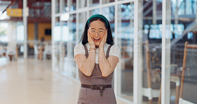Buy stock photo Wow, portrait and excited asian woman in business with shocked hands on face for expression by restaurant. Surprised, emoji and success of person or entrepreneur with happiness for startup cafe