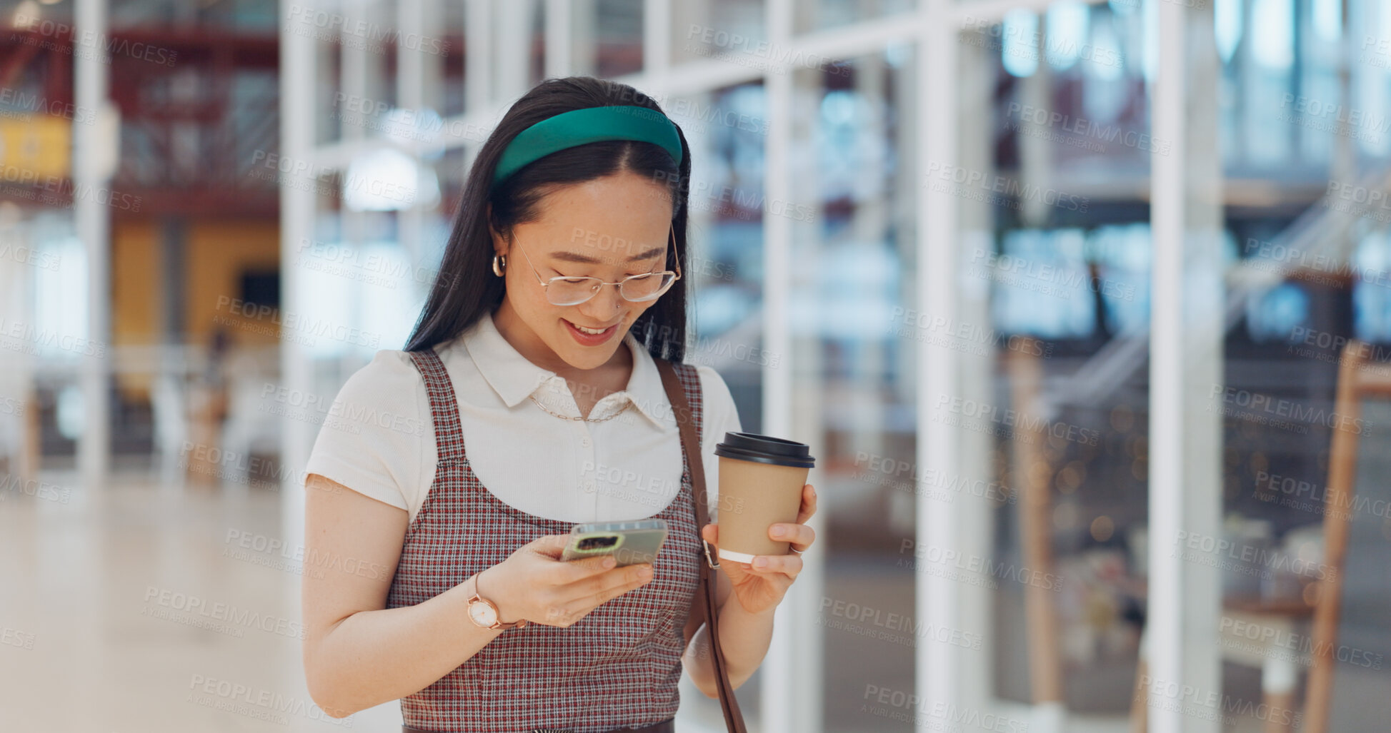 Buy stock photo Phone, coffee and businesswoman in the airport networking on social media, mobile app or the internet. Technology, smile and young Asian female person scroll on website with cellphone in hotel lobby.