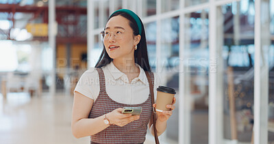 Buy stock photo Coffee, cellphone and professional Asian woman in office browse on social media, mobile app or internet. Technology, networking and young female person scroll on phone in airport for business travel.