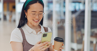 Buy stock photo Cellphone, coffee and young woman in the airport scroll for social media, mobile app or internet. Happy, smile and professional Asian female designer browsing on website with phone for trip in hotel.
