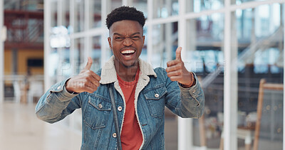 Thumbs up, black man and celebrate success in trendy startup, marketing agency and motivation for winning, goals and agreement. Happy worker, hipster and guy thumb up in support, trust and hand emoji