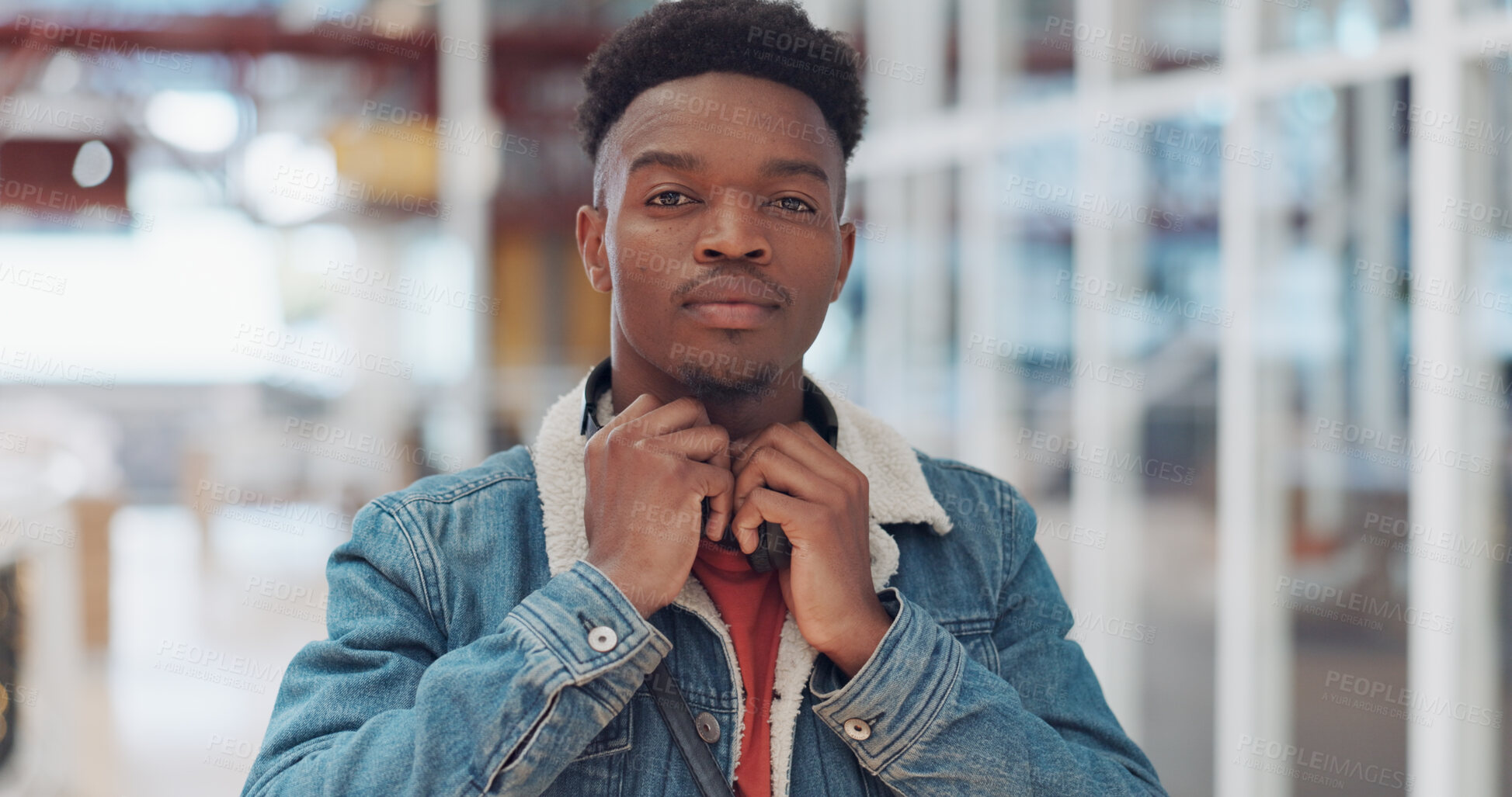 Buy stock photo Portrait, black man and worker in office building with music, podcast or radio at a new job. Face, young and an African dj with headphones for creative business, work or professional entrepreneurship