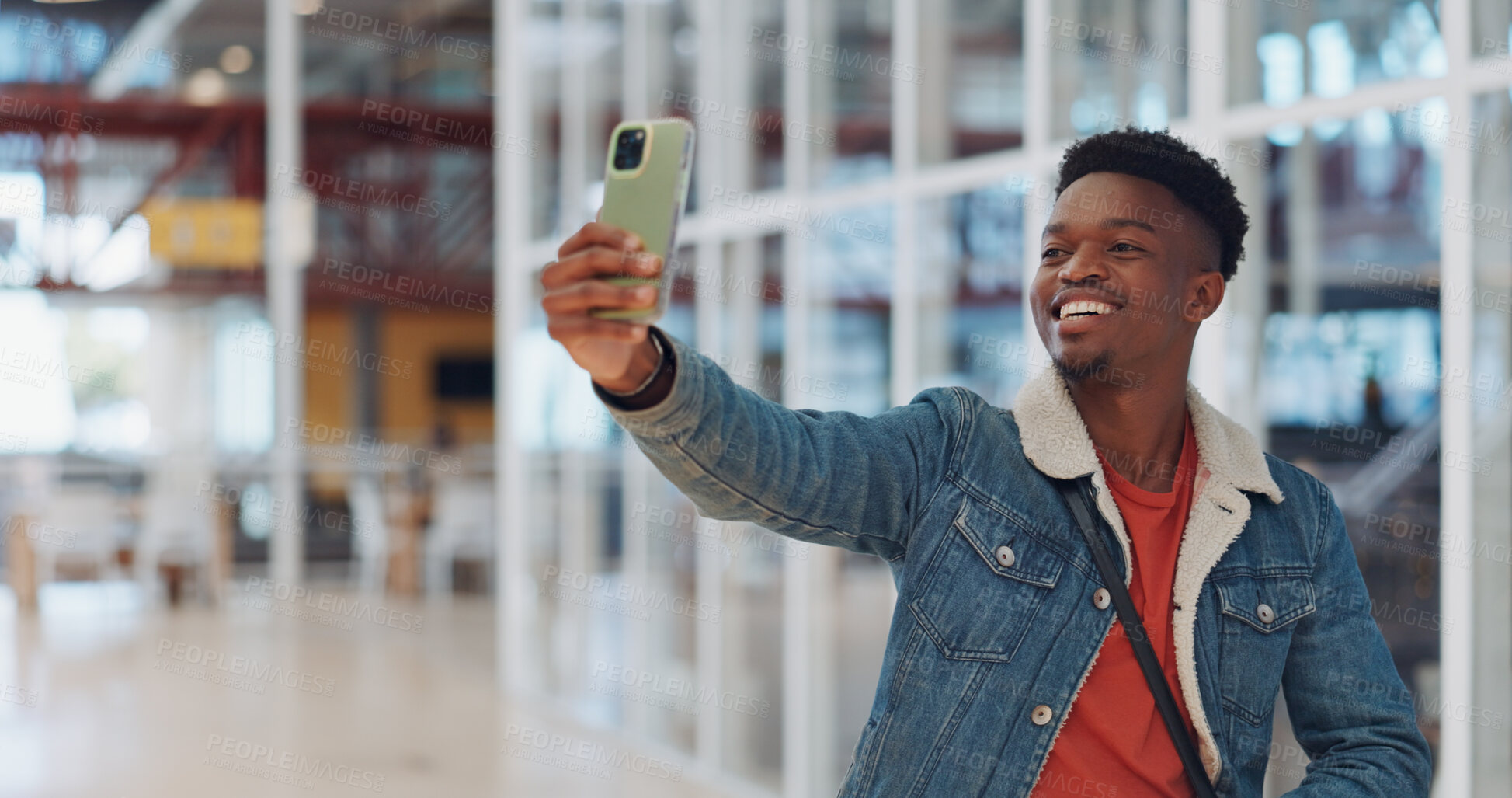 Buy stock photo Selfie, happy and young black man in the airport for social media, mobile app or the internet. Smile, travel and professional African male designer taking a picture for a business trip in a hotel.