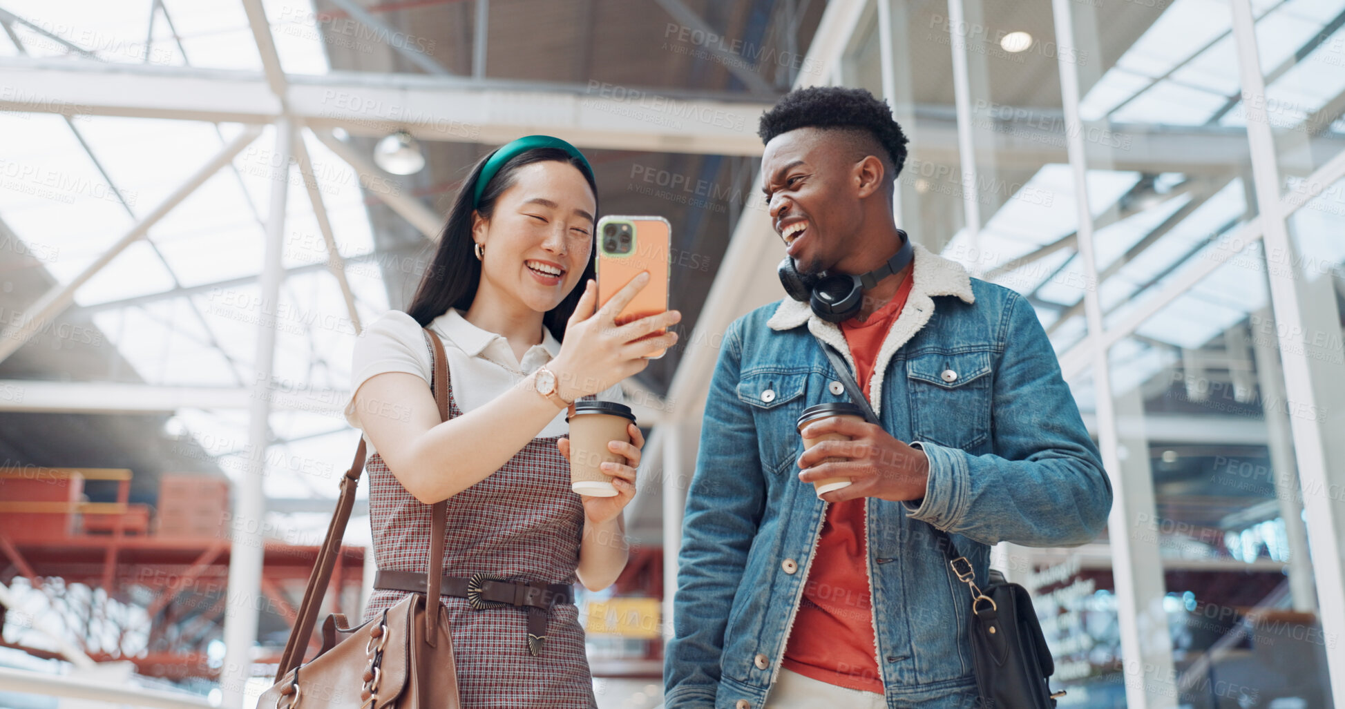 Buy stock photo Walking, phone and friends in mall on social media, website or blog for discount, sales or travel together. Diversity, gen z or happy people with mobile app or coffee cup speaking in conversation 