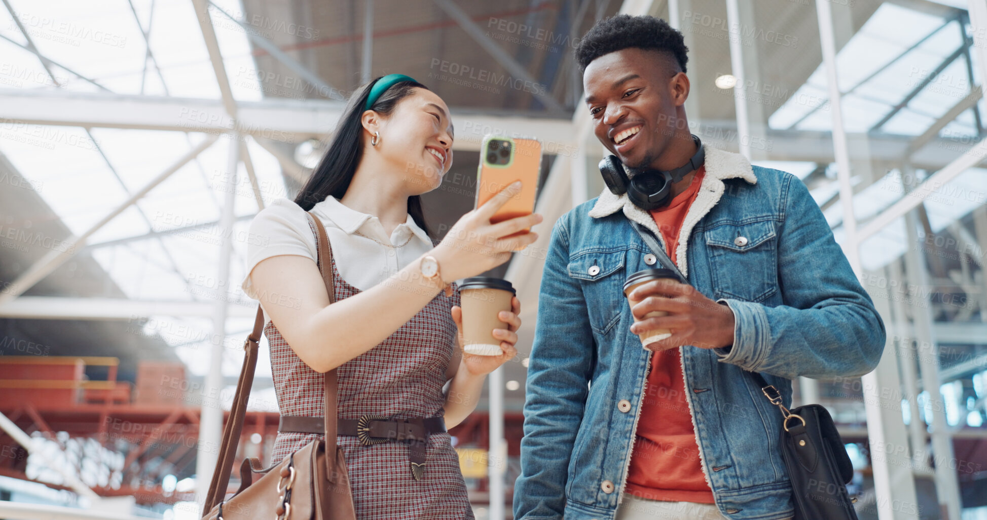 Buy stock photo Walking, phone or happy people in mall on social media, website or blog for discount, sales or travel together. Diversity, gen z or friends with mobile app or coffee cup speaking in conversation 