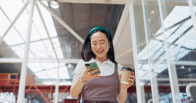 Morning, phone call and coffee of business woman from Japan with communication at a office. Mobile, talking and happy conversation of a Asian person with a smile and happiness ready for work