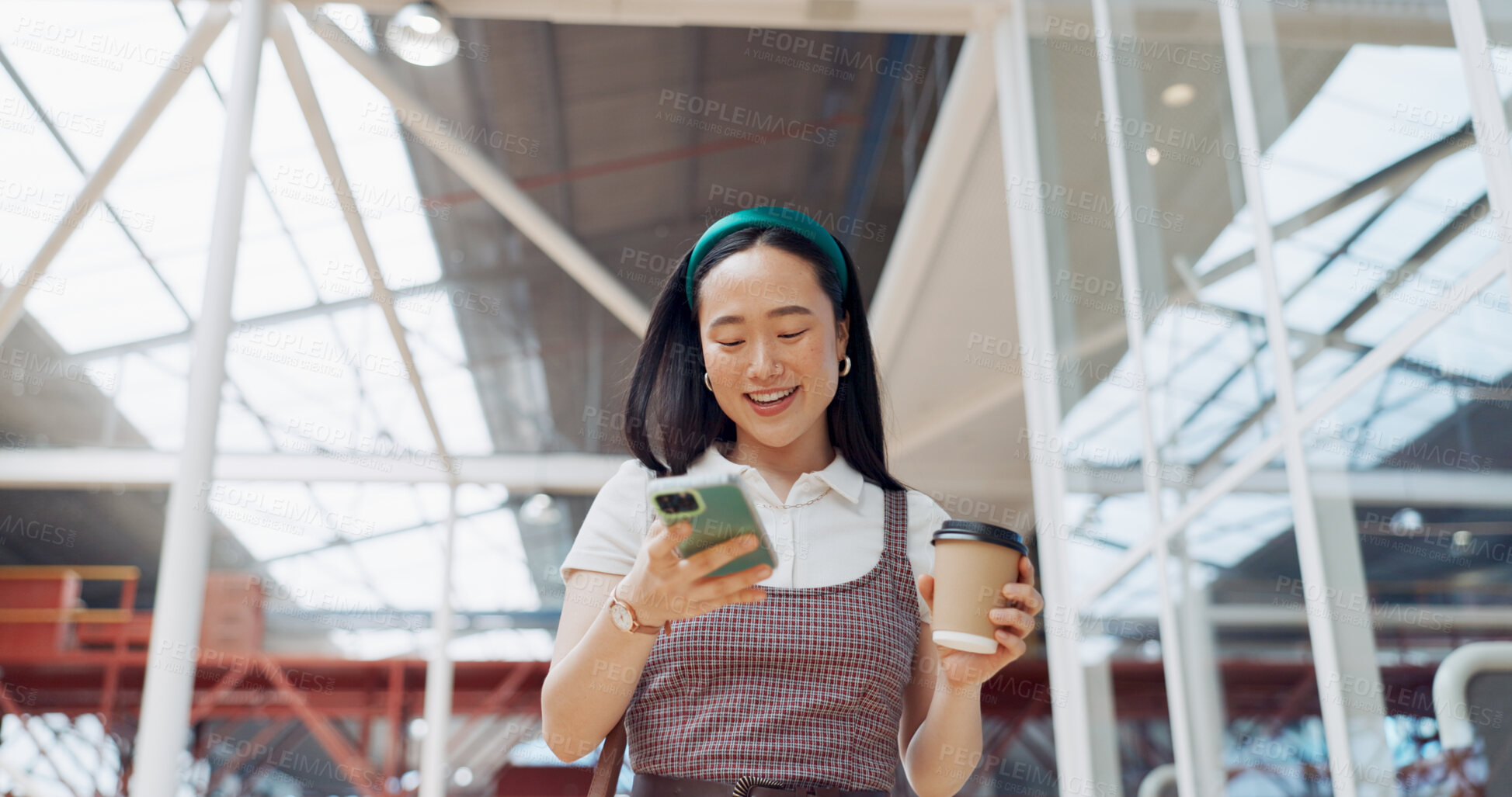 Buy stock photo Office, phone and coffee of business woman from Japan with online communication. Smartphone, typing and happy Asian person walking with a smile and texting for networking or social media at work