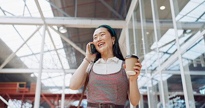 Morning, phone call and coffee of business woman from Japan with communication at a office. Mobile, talking and happy conversation of a Asian person with a smile and happiness ready for work
