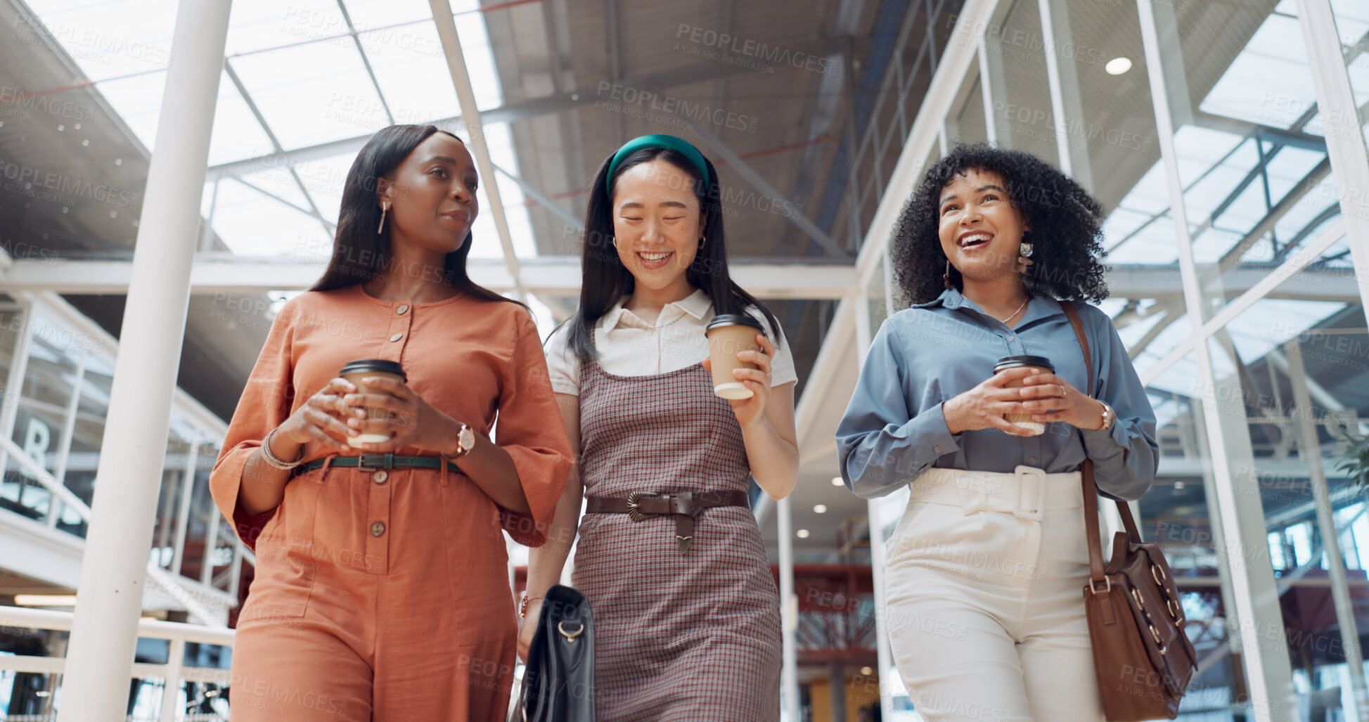 Buy stock photo Coffee, diversity and girl friends walking, talking or speaking of gossip, discount or fashion. Smile, networking or group of happy women in conversation, communication or discussion in shopping mall