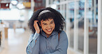 Business woman, hair and portrait of a happy shy creative employee ready for working. Happiness, black woman and digital marketing worker in a office in the morning smile from web design work