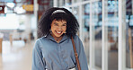 Business woman, hair and portrait of a happy shy creative employee ready for working. Happiness, black woman and digital marketing worker in a office in the morning smile from web design work