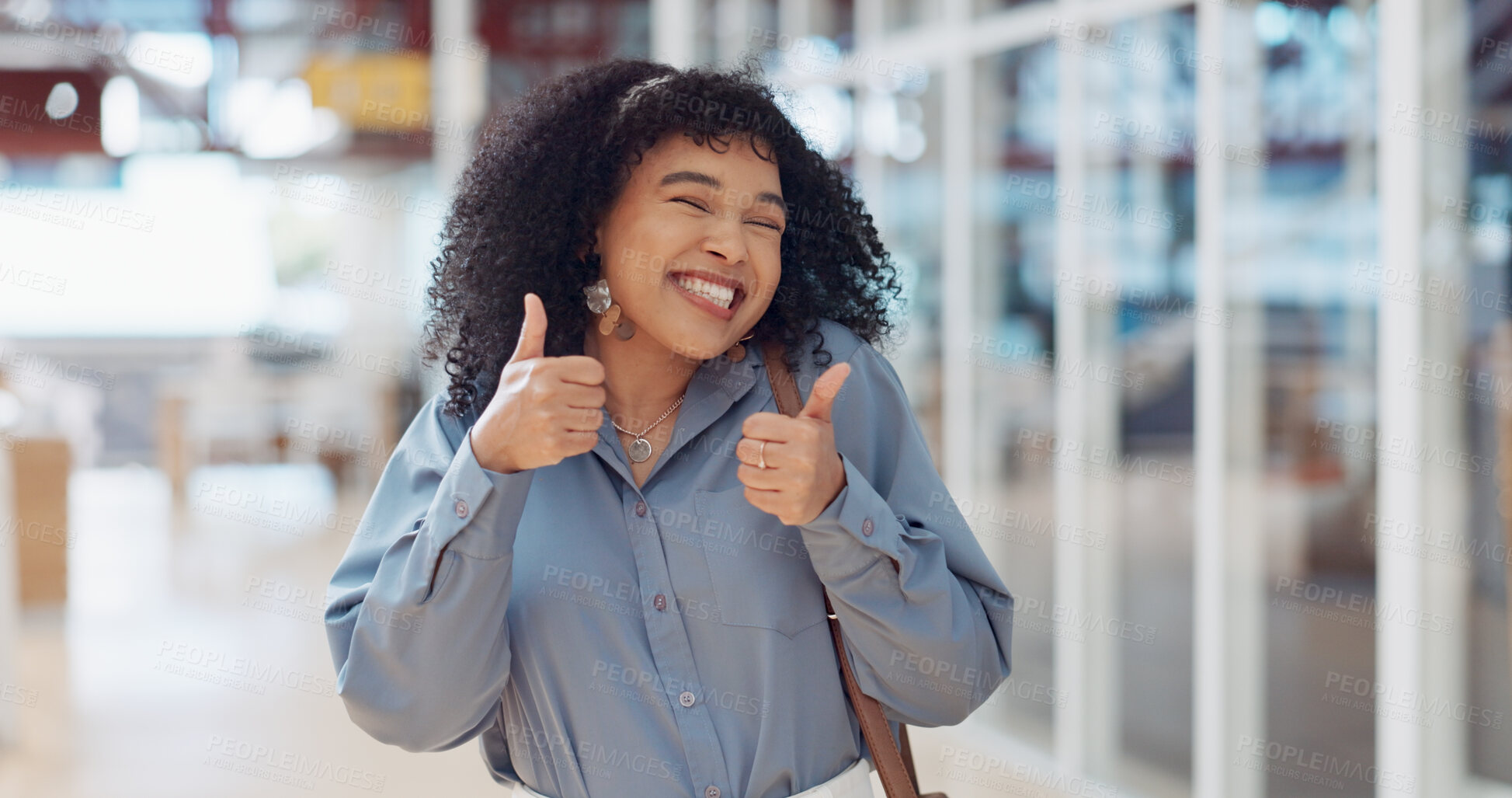 Buy stock photo Thumbs up, woman and celebration of  success in startup, marketing agency and excited for winning, goals or agreement. Happy, creative employee and hands gesture support, trust and thank you emoji