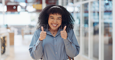 Business, office and happy black woman with thumbs up for corporate motivation, company mission success and career achievement. Yes, like and portrait of excited African employee with emoji hand sign