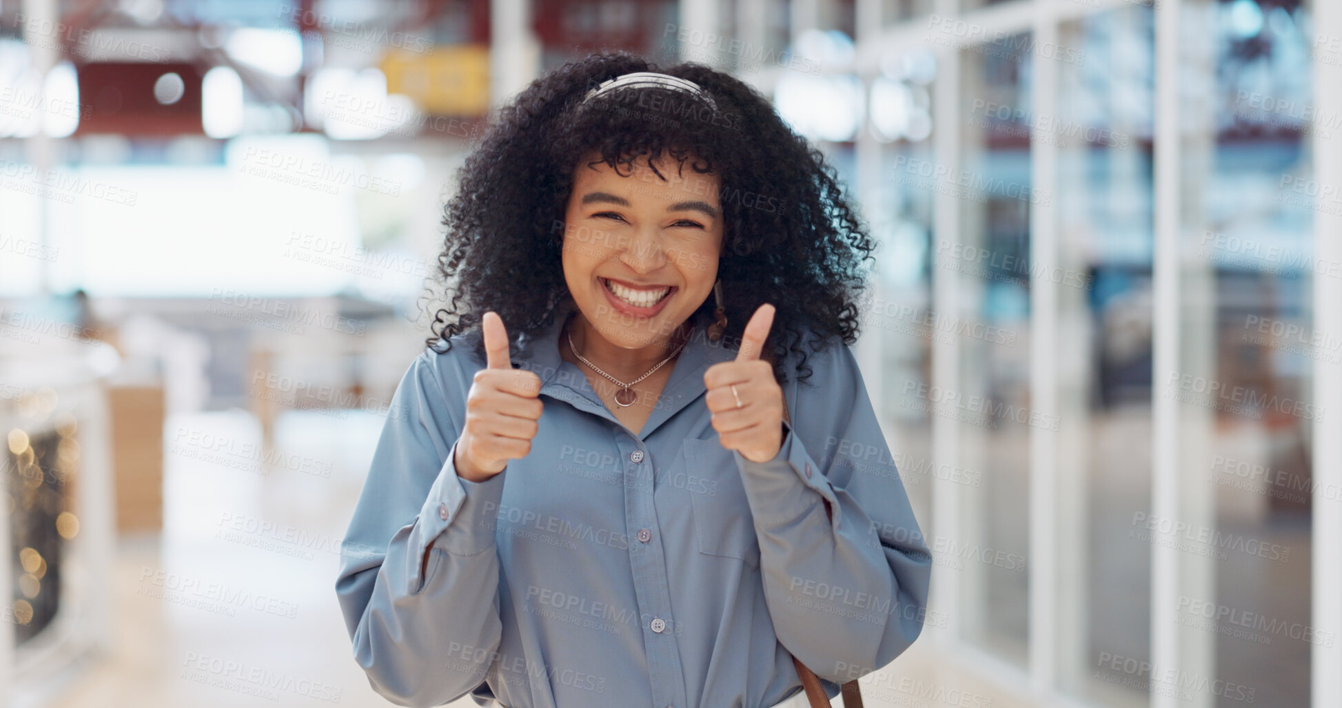 Buy stock photo Business, success and black woman with thumbs up in office for corporate motivation, mission and career achievement. Yes, support and portrait of excited African employee with hand emoji or sign