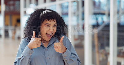 Black woman, face and smile with thumbs up for good job, okay or satisfaction for career at the office. Portrait of happy African American female creative designer smiling with thumbsup for startup