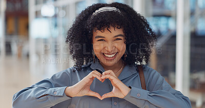 Business woman, face or heart sign in modern office, marketing customer support or client branding care. Portrait, happy smile or love hands gesture for creative designer, Brazil worker and employee