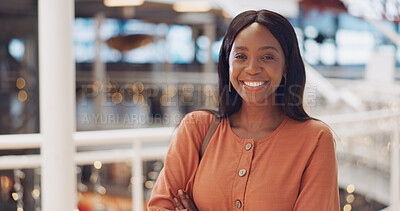 Black woman, happy with face and success in business, employee at modern office in Cape Town and positive mindset. Professional portrait, African and workplace mockup with laughing and work happiness