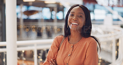 Buy stock photo Happy, portrait and young black woman in a mall for christmas presents with discount, promotion or sale. Smile, confidence and African female customer in retail shopping center for xmas holiday gifts