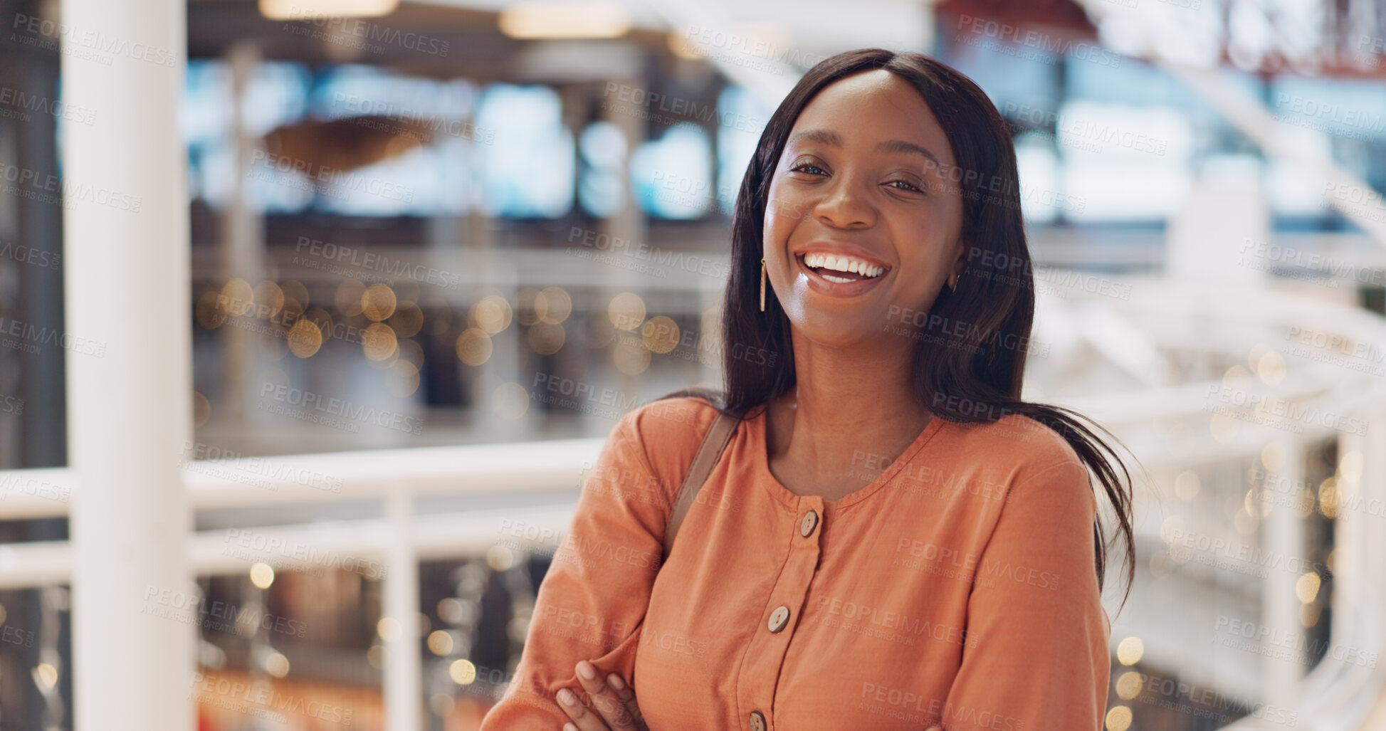 Buy stock photo Happy, portrait and young black woman in a mall for christmas presents with discount, promotion or sale. Smile, confidence and African female customer in retail shopping center for xmas holiday gifts