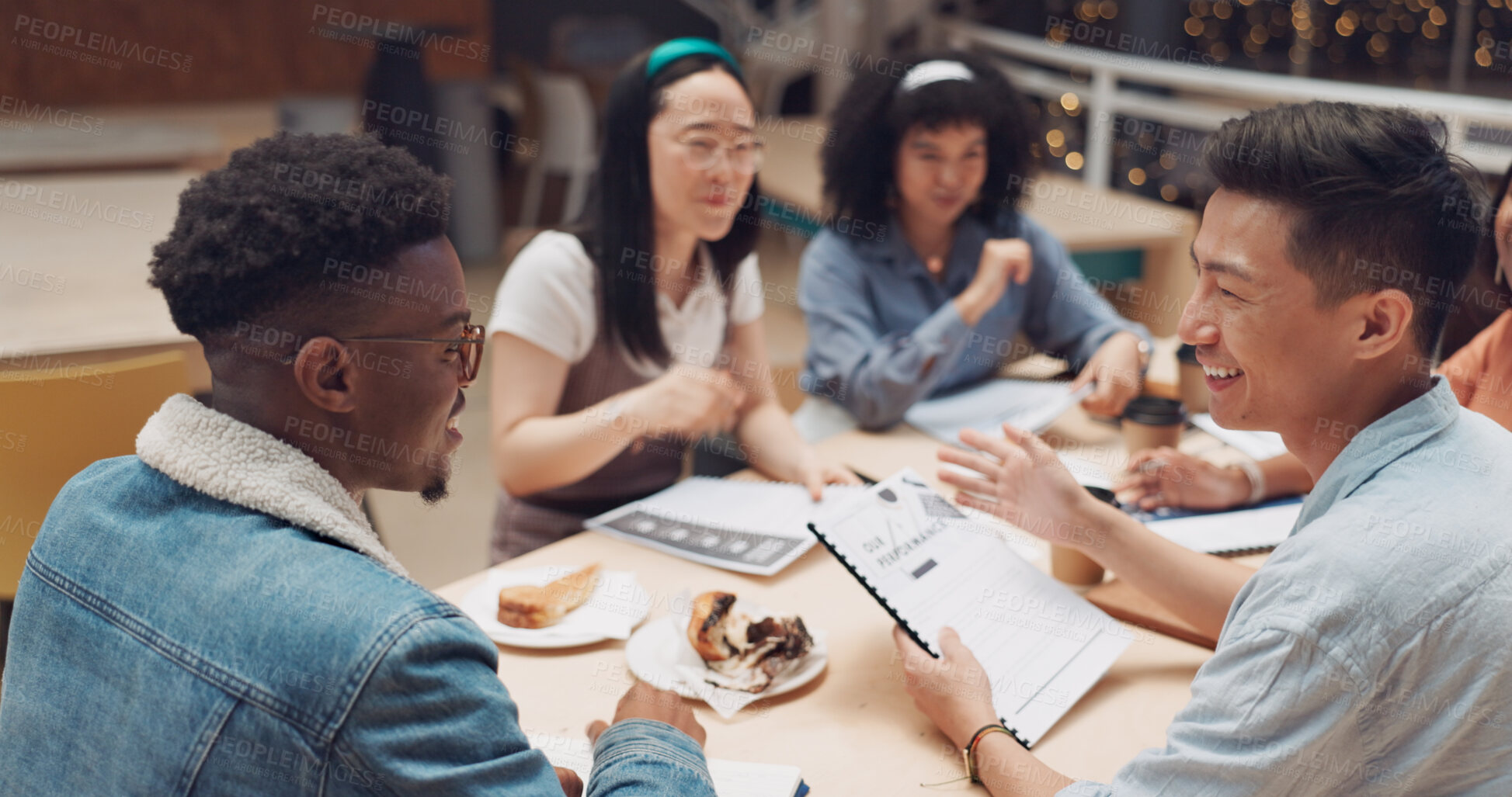 Buy stock photo Workshop, documents and creative business people in meeting at office with lunch, smile and brainstorming. Design ideas, coaching and onboarding, men and women in training group together at table.