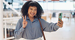 Black woman influencer, selfie and peace sign with smile, smartphone or walking in urban shopping mall. Happy, phone and woman with hand gesture for social media, web or online app at mall in Atlanta