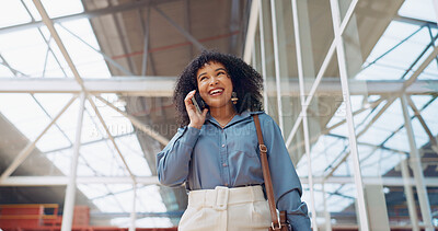 Phone call, smile or black woman travel in airport, office building or street for communication, networking or 5g network. London, tech or happy girl with smartphone walking, commute or travelling