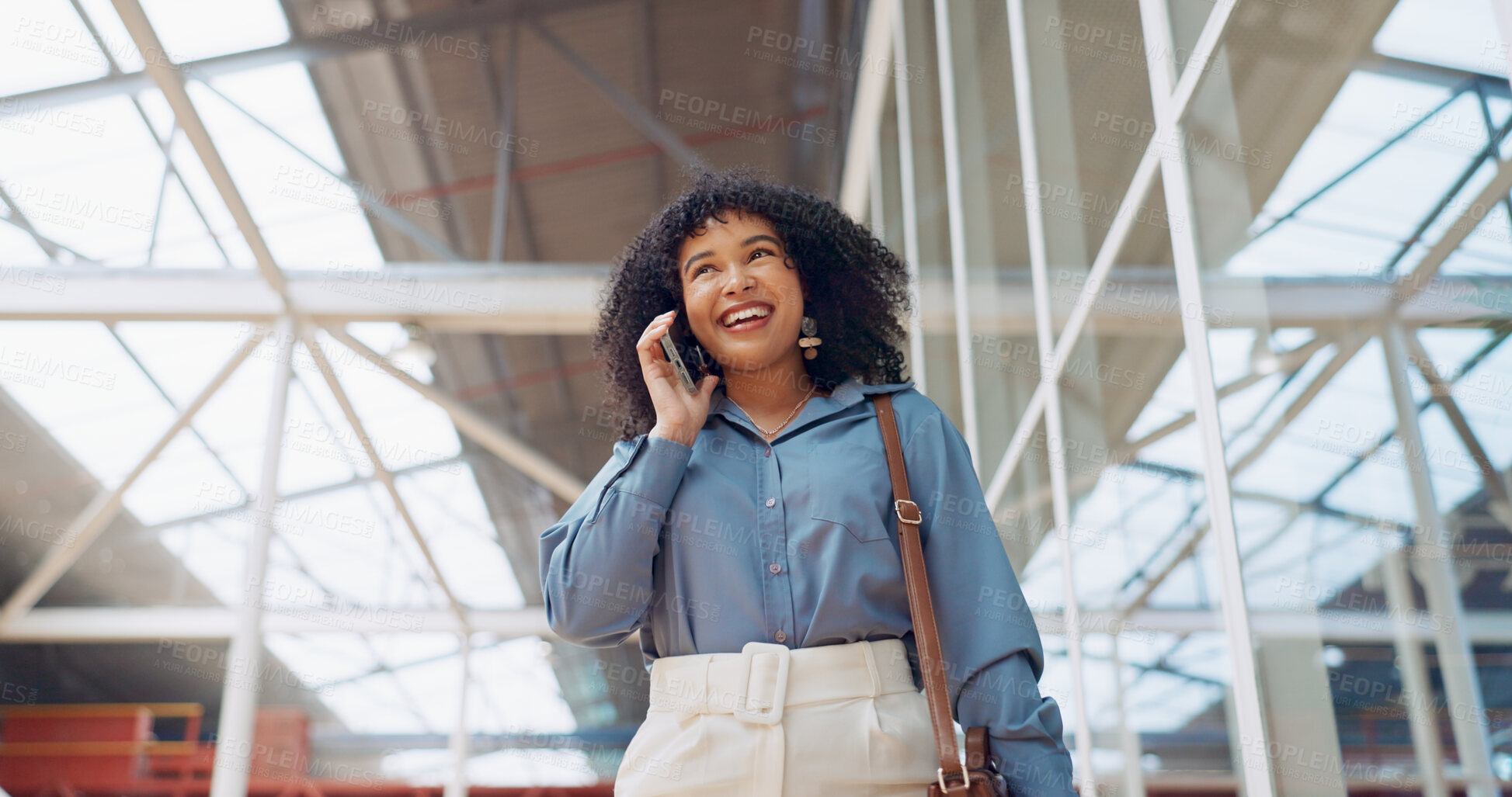 Buy stock photo Phone call, smile or black woman travel in airport, office building or street with mobile communication or networking in London. Happy, business and walking with tech, cell phone and commute in city