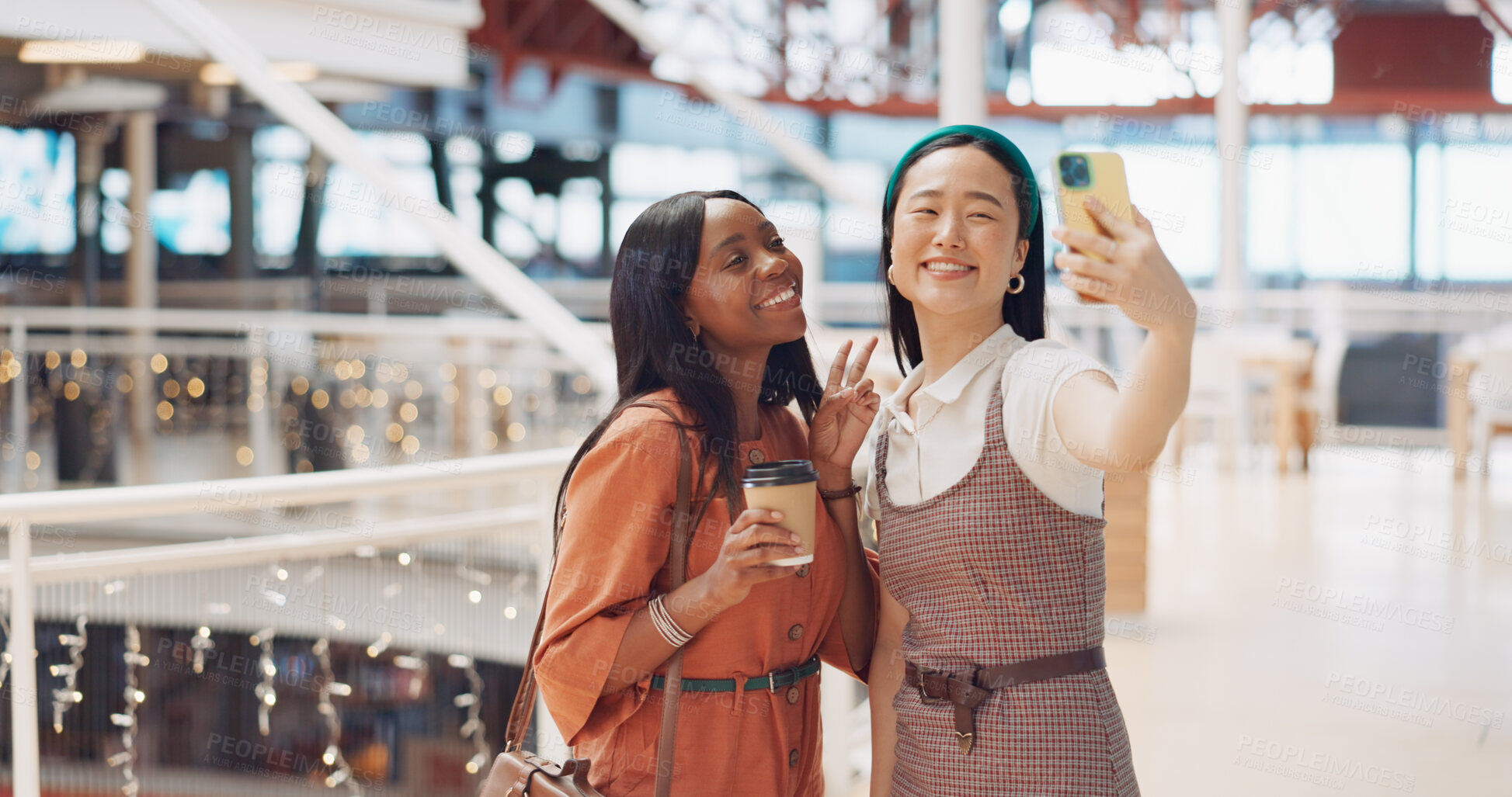 Buy stock photo Selfie, friends or women on social media in shopping mall together posing for a photograph memory. Peace sign, smile or group of happy people taking fun pictures to relax with love, care or support