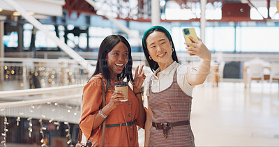 Buy stock photo Selfie, happy or women on social media in shopping mall together posing for a photograph memory. Peace sign, smile or group of girl friends taking fun pictures to relax with love, care or support