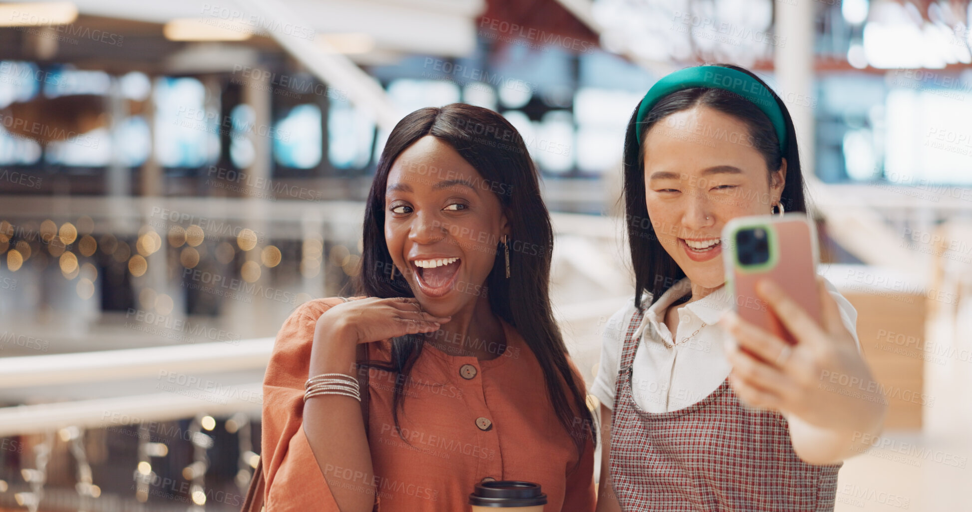 Buy stock photo Selfie, excited or women on social media in shopping mall together posing for a photograph memory. Peace sign, smile or happy girl friends taking fun pictures to relax with love, care or support