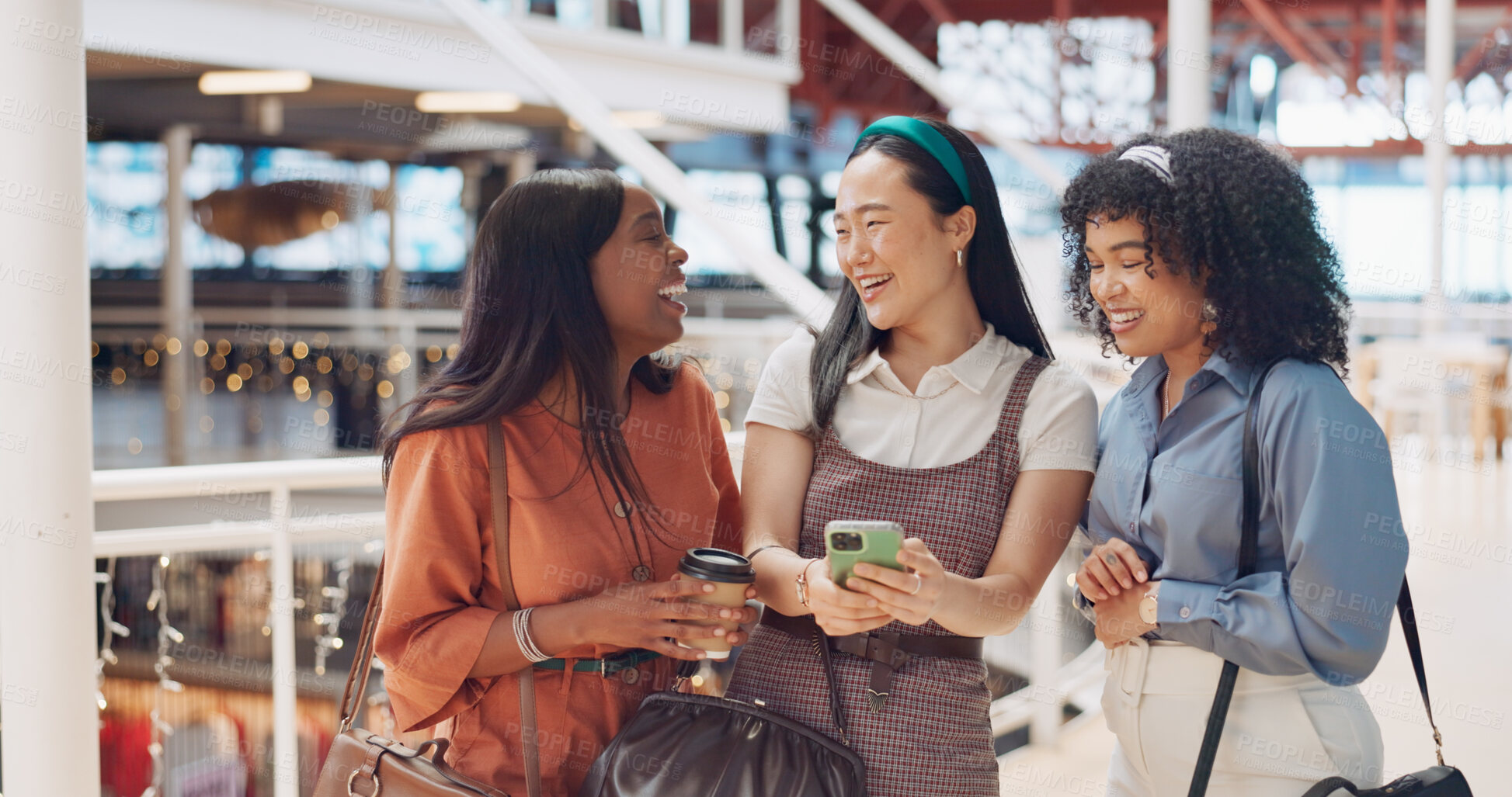 Buy stock photo Coffee, smile and funny with women friends in an airport for travel, tourism or adventure together. Diversity, freedom and happy with a group of young people in a hotel lobby for friendship bonding