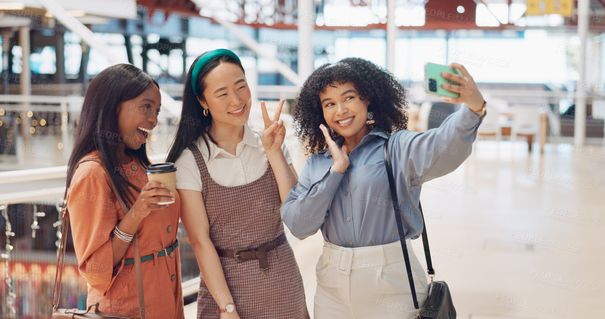 Buy stock photo Selfie, smile or girl friends in shopping mall on social media together posing for a photograph memory. Peace sign, happy or group of women taking fun pictures to relax with love, care or support