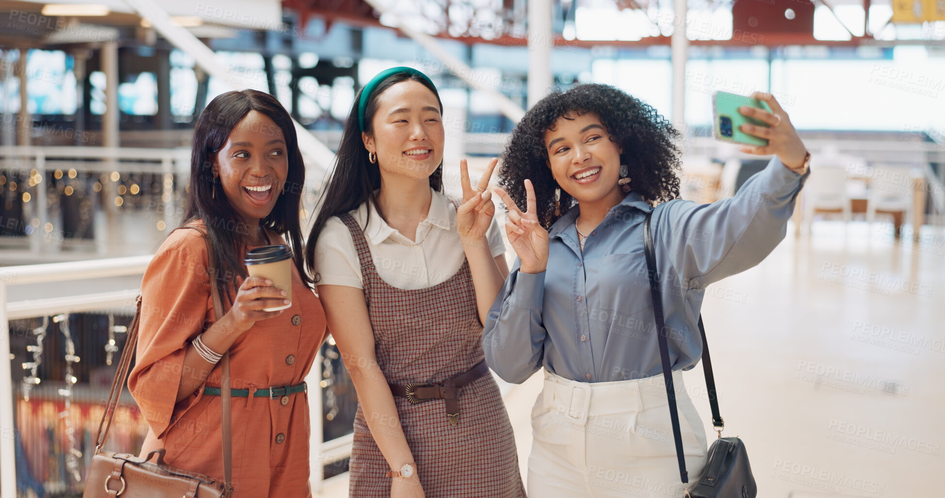 Buy stock photo Selfie, friends and social media with women in shopping mall together posing for a photograph memory. Peace sign, smile or group of happy people taking fun pictures to relax with diversity or support