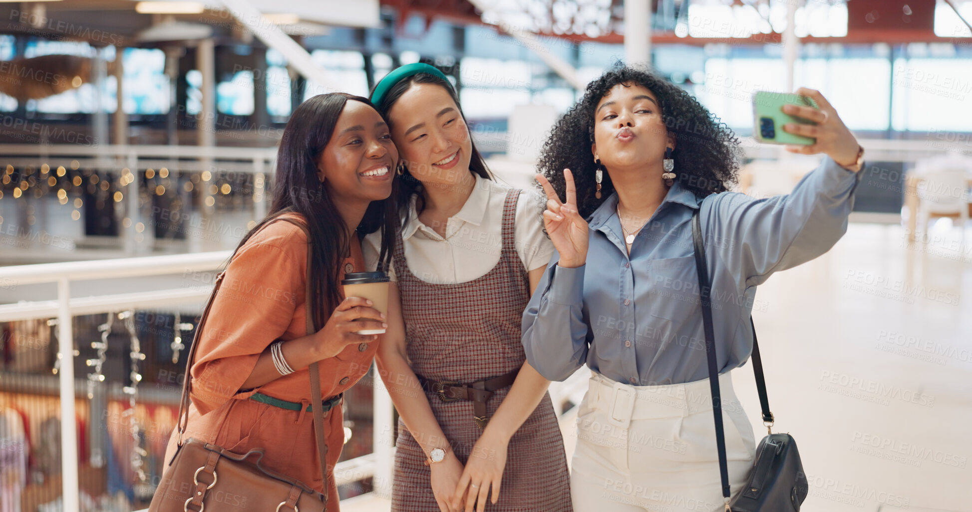 Buy stock photo Selfie, diversity or women on social media in shopping mall together posing for a photograph memory. Peace sign, happy or group of girl friends taking fun pictures to relax with love, care or support