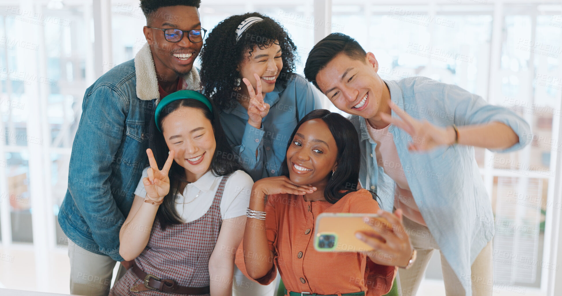 Buy stock photo Selfie, happy and group of business people with peace for support, team and emoji in creative agency. Diversity, employees and friends with v sign for digital profile picture about us on social media