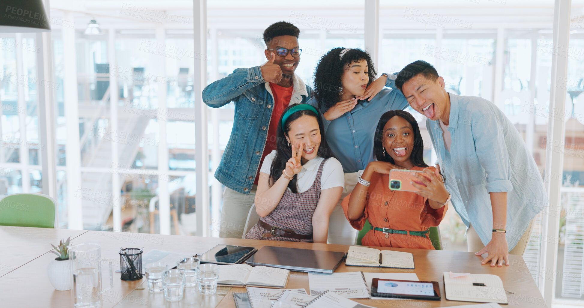 Buy stock photo Selfie, funny and business people together for teamwork, collaboration and support in creative agency. Diversity, employees and happy friends with silly faces for profile picture on social media 