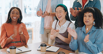 Success, applause or people in a meeting or presentation celebrate team goals, target or kpi sales performance. Community, diversity or happy crowd of employees clapping to support business growth
