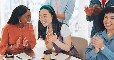 Success, applause or people in a meeting or presentation celebrate team goals, target or kpi sales performance. Community, diversity or happy crowd of employees clapping to support business growth