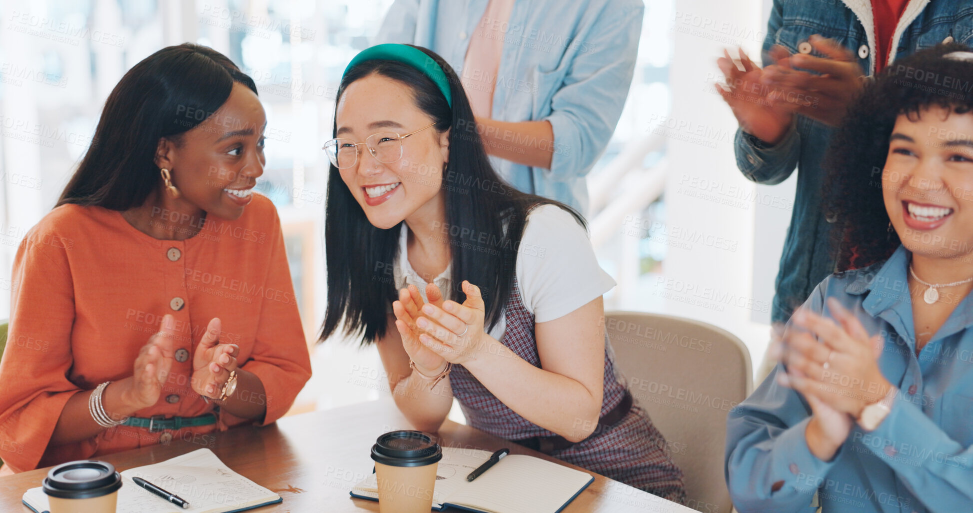 Buy stock photo Happy business people, women and team applause in meeting, feedback and praise for success in office. Group, diversity employees and clapping hands to celebrate winner, workshop and award in seminar 