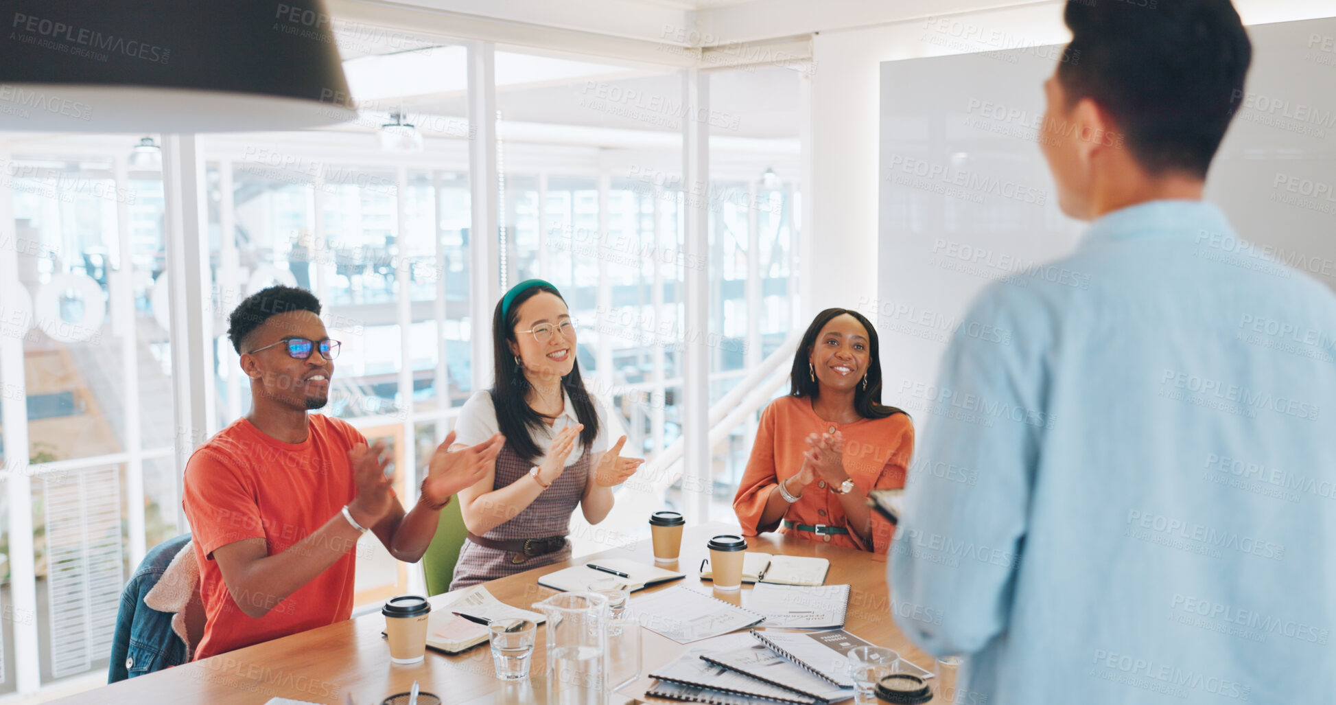 Buy stock photo Business people, teamwork and applause in meeting for workshop, feedback or achievement of success in creative agency. Happy employees, diversity and clapping to celebrate winner, conference or award