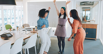 Buy stock photo Happy business people, women and dancing for teamwork, celebration of success and winning bonus in office. Diversity, group and friends with energy for freedom, synergy and collaboration in agency 