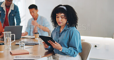 Face, leadership and black woman with tablet in meeting for advertising or marketing strategy. Ceo, boss and female entrepreneur with touchscreen for internet browsing, email or research in office.