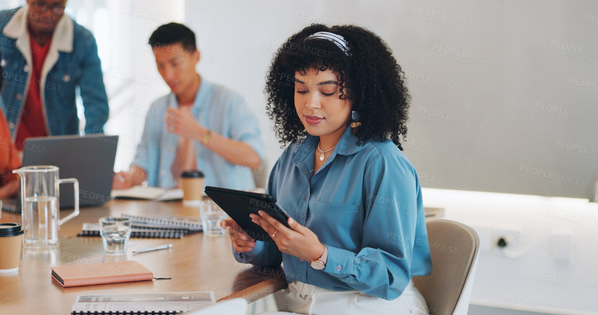 Buy stock photo Internet, research and a woman with tablet in meeting for advertising or marketing strategy. Typing, email and female entrepreneur with technology for web connection, notification or work in office