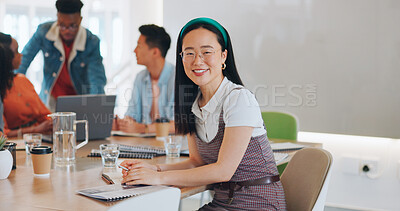 Face, business and Asian woman in meeting, thinking and happy with notes for startup company. Japan, ceo and creative leader with conversation, manager and leadership for planning, smile or workplace