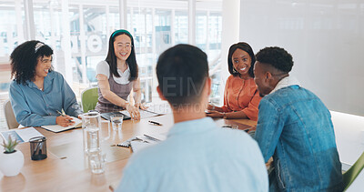 Buy stock photo Meeting, discussion and business people in the office in collaboration working on a creative project. Teamwork, diversity and group of professional designers planning in the workplace boardroom.